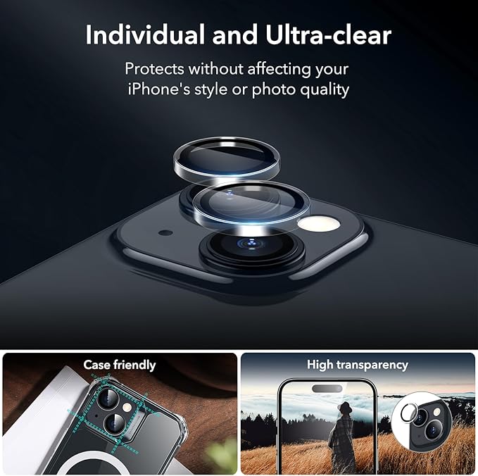 ESR 3+1 Pack for iPhone 15 Screen Protector, 3 Tempered-Glass Screen Protector and 1 Set Camera Lens Protector, 2.5D Curved Edges, Full-Coverage Military-Grade Protection, Scratch Resistant