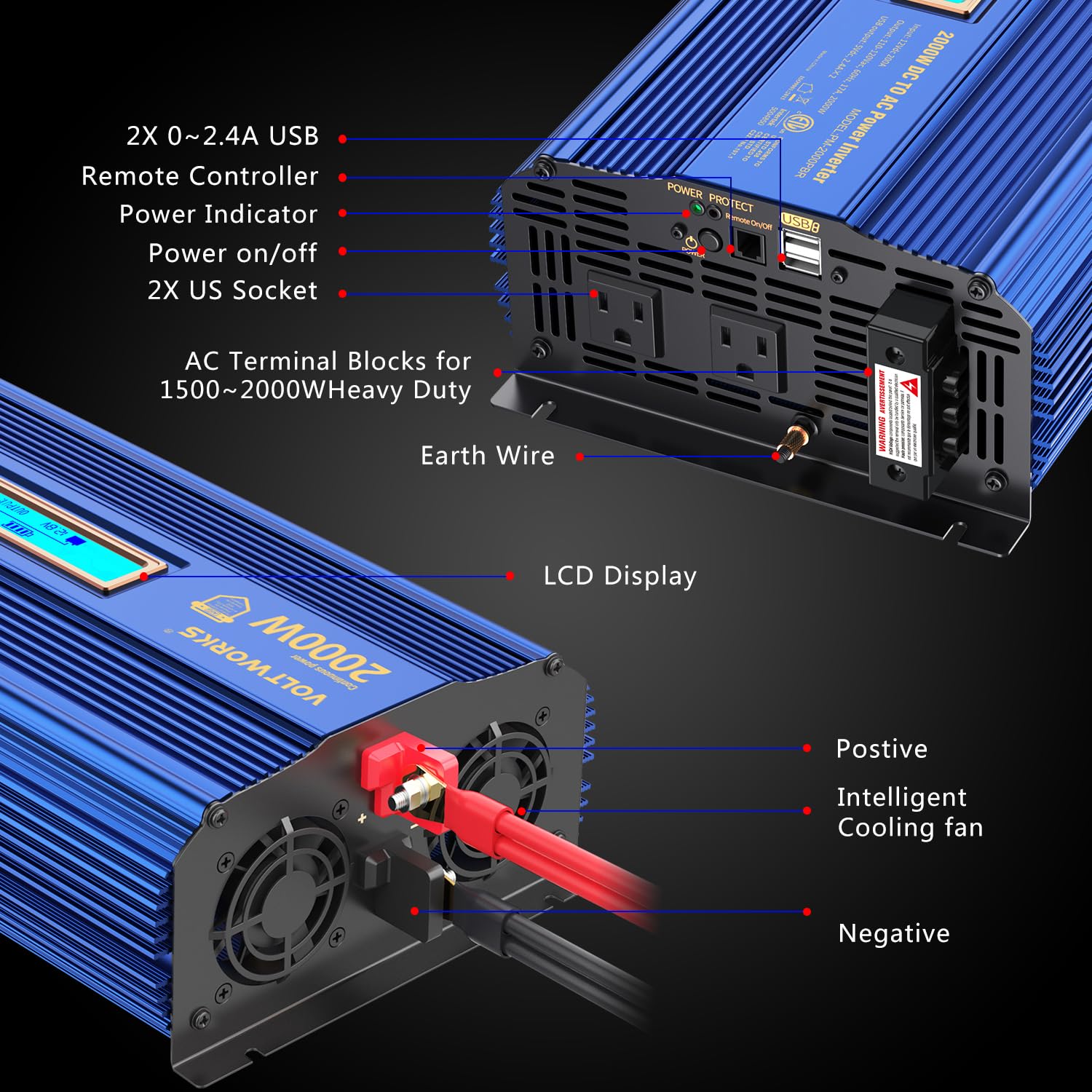 Power Inverter 2000w DC 12V to AC 120V ETL UL458 VOLTWORKS