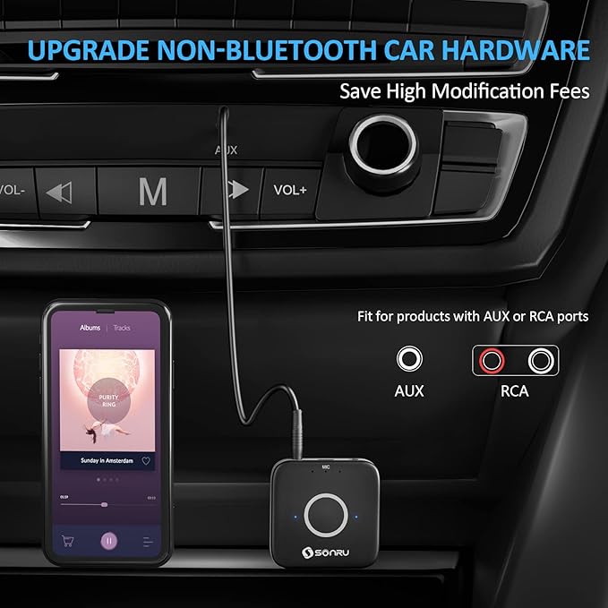 Bluetooth 5.3 Adapter Hi-Fi Equipment for Car Wireless Audio Receiver with 3.5mm AUX RCA Cable, Noise Cancellation, Dual AUX Outputs for Home Speakers Wired Headphones