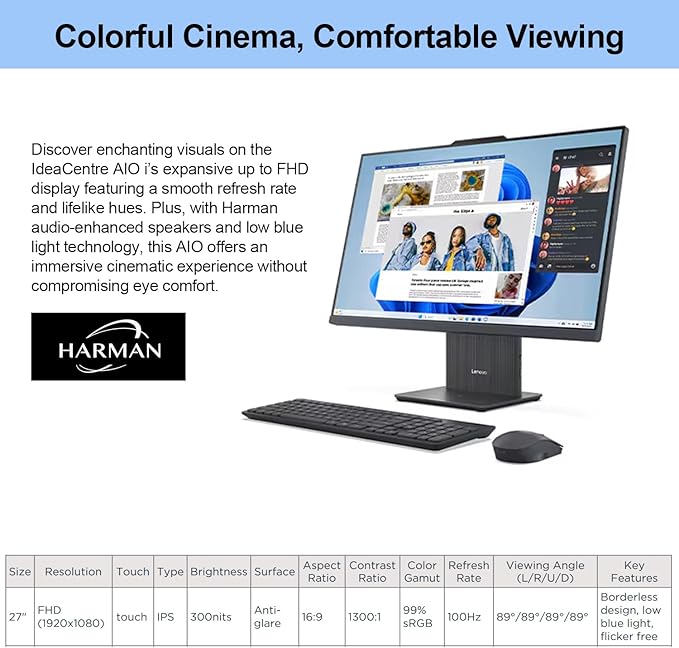 Lenovo 2024 IdeaCentre I Business All-in-One, 27" FHD Touchscreen 100Hz, Intel Core i5-13420H, 16GB DDR5 RAM, 512GB SSD, Wireless Charging Base, Wireless KB & Mouse, Wi-Fi 6, Windows 11 Pro, Grey