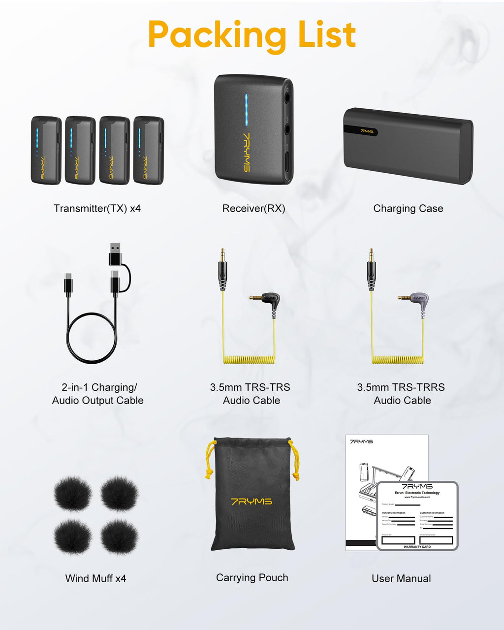 7RYMS iRay DW40 4-Channel Wireless Lavalier Microphone with Noise Cancellation, 656ft Range, 12.5H Working, Wireless Laple Mic for iPhone, DSLR Camera, Android, Video Recording Podcast Live-Stream
