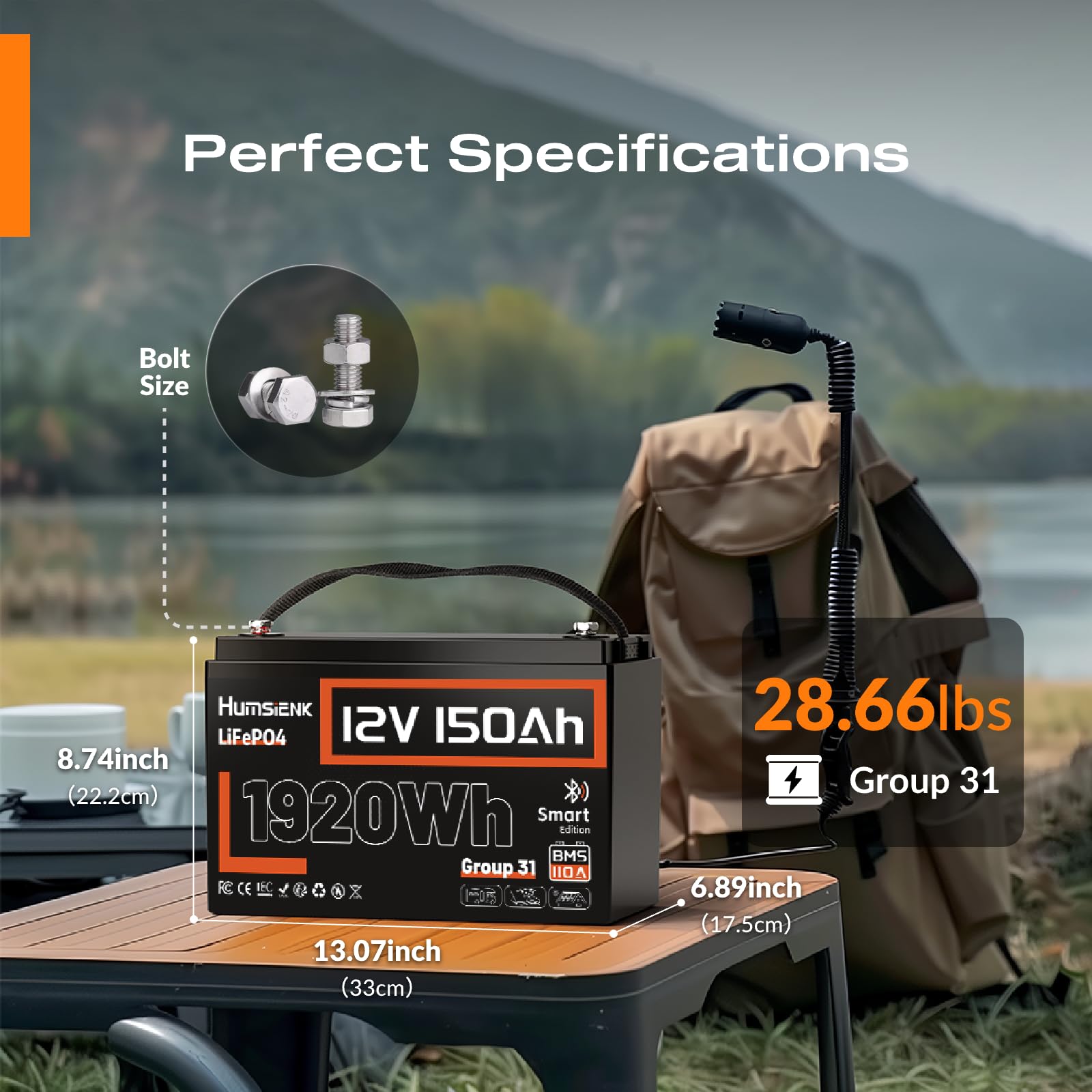 HumsiENK 12V 150Ah LiFePO4 Lithium Battery – BCI Group 31 Deep Cycle Battery with Bluetooth & 110A BMS – 15000+ Cycles for Solar, RV, Marine, Off-Grid – Lightweight & Safe Replacement for Lead Acid
