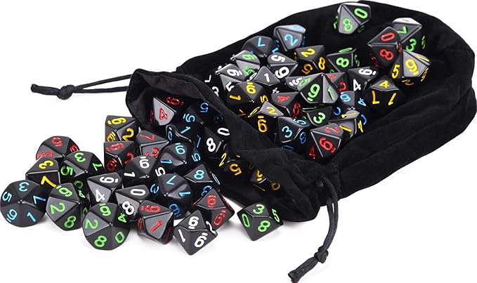 50pcs Assorted D10 Opaque Black with Black Dice Bag 10 Sides Dice for Tabletop RPG World of Darkness Vampire (0-9)