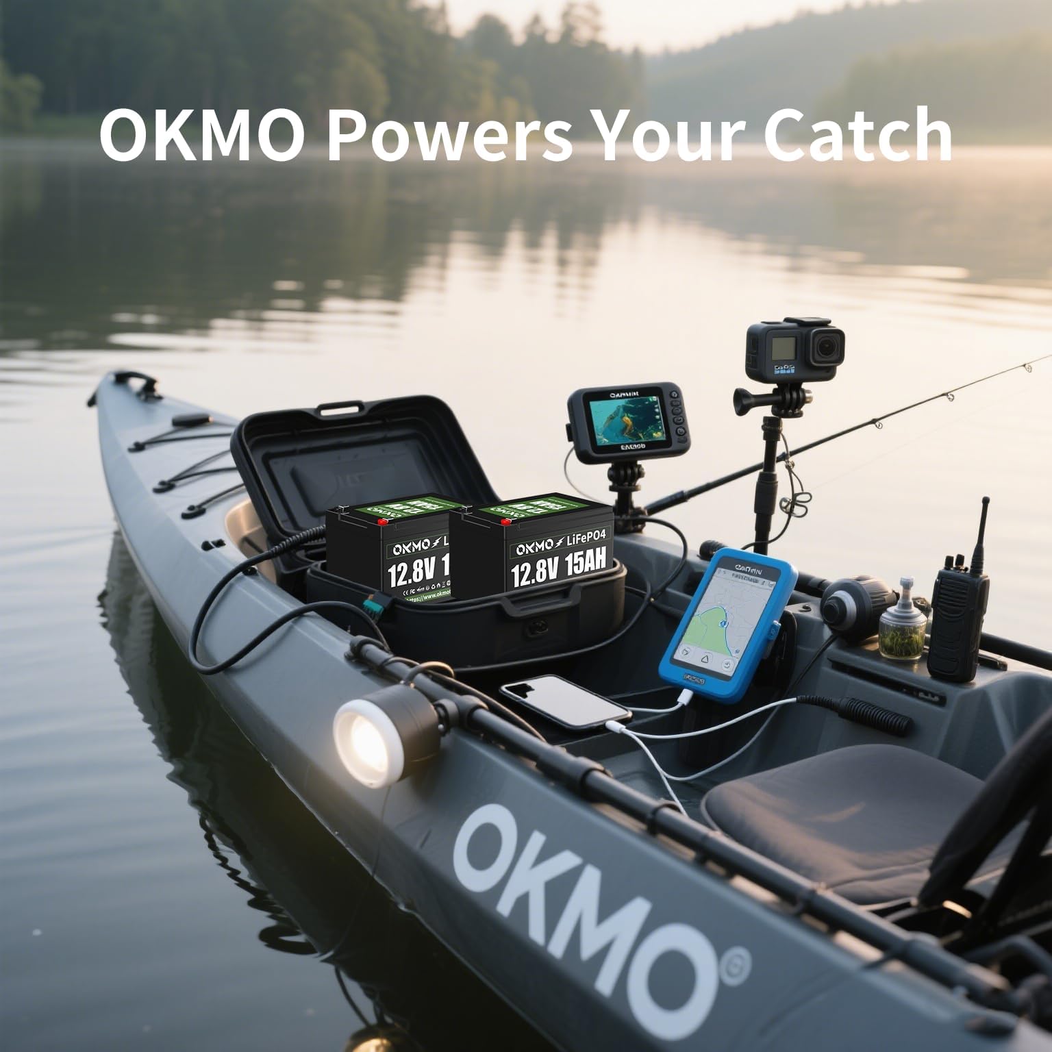 OKMO 12V 15Ah LiFePO4 Lithium Battery 12.8V, 15000+ Deep Cycles rechargeable for Lighting, Kayak Fish Finder, Radio, Backup Power and More