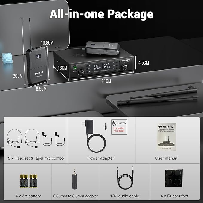 Phenyx Pro Dual UHF Auto Scan Headset/Lapel Wireless Microphones PTU-71-2B