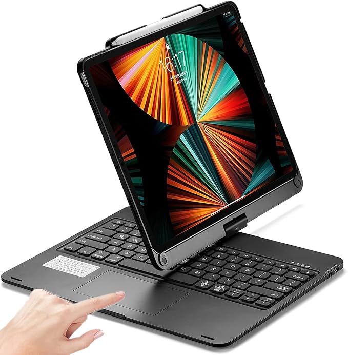 360° Rotatable Keyboard Case for iPad Air 13 inch (M3/M2-2025/2024)/Pro 12.9 (6th, 5th, 4th, 3rd Gen) with TouchPad, Backlits Aluminum Alloy Smart Case with trackpad Keyboard, Black