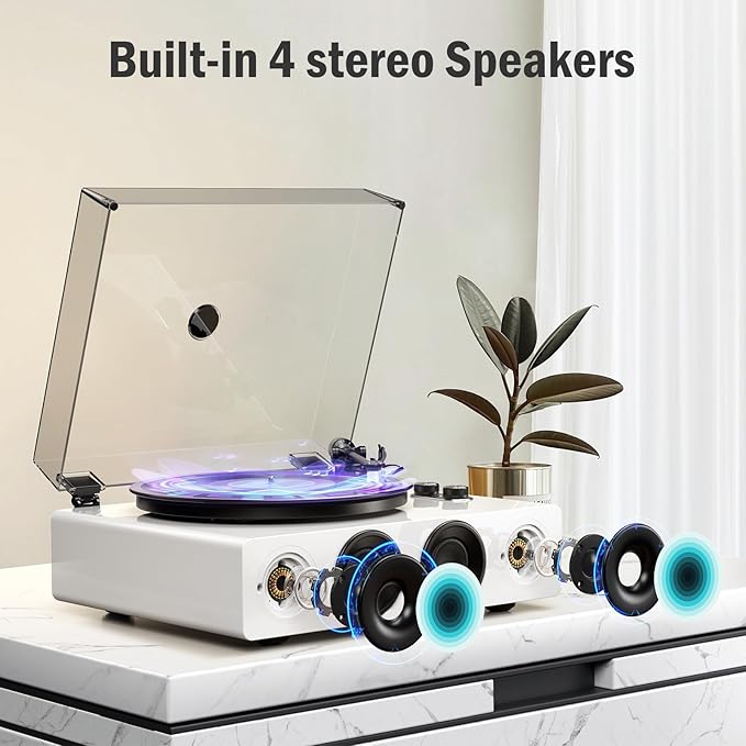 1 by ONE All-in-One Record Player with Wireless Input, High Fidelity Belt Drive Turntable with Built-in Speakers, Magnetic Cartridge AT-3600L, Built-in Preamp, Piano Lacquer White