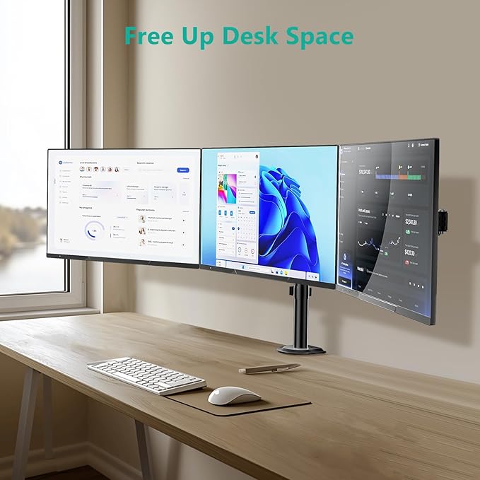 WALI Triple Monitor Mount, Heavy Duty Triple Monitors Stand for 13-27 inch Screens, Adjustable 3 Monitor Desk Mount with Swivel, Tilt, Rotation, Clamp & Grommet Base Kit (M003SN), Black