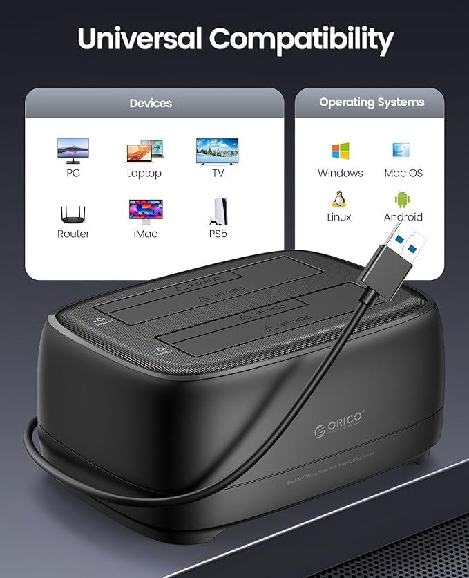 ORICO Hard Drive Docking Station Dual Bay USB 3.0 to SATA with Duplicator/Offline Clone Function External Hard Drive Dock for 2.5''/3.5'' HDD SSD Max Up to 44TB Support UASP Plug&Play-DD-C
