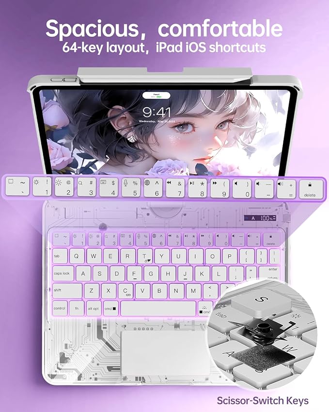 Intermerge Clear Keyboard Case for iPad Air 11" (M3/M2, 2025/2024), Air 5th/4th, Pro 11" 2022-2018, 360° Swivel Multi-Touch Trackpad, 7-Color Backlit, Pencil Holder, Type-C, Frost Pulse