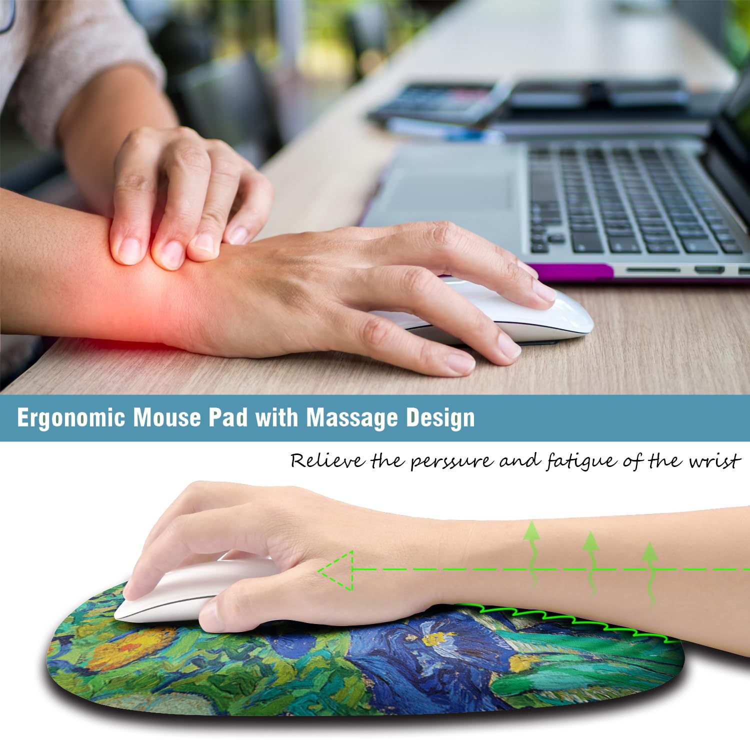 Armanza Ergonomic Mouse Pad Wrist Support, Floral Mouse Pad with Wrist Rest, Non-Slip PU Base MousePads with Foam Massage Design for Pain Relief, Desk, Office, Home, Van Gogh Flower