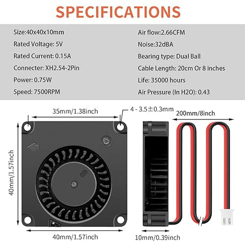 2Packs Wathai DC 4010 5V Small Blower Cooling Fan 2 Pin DC 40mm x 10mm