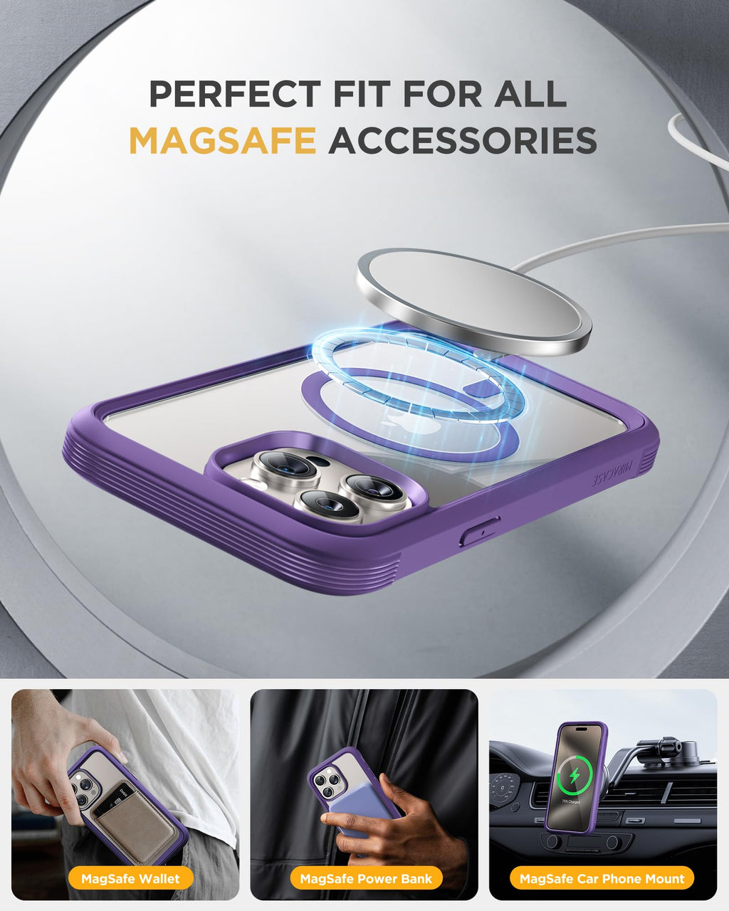 Miracase Magnetic for iPhone 15 Pro Case [Compatible with MagSafe] Full-Body Bumper Phone case with Built-in Glass Screen Protector& Camera Protector, Military Drop Proof 15 Pro Cover, Magnetic Purple