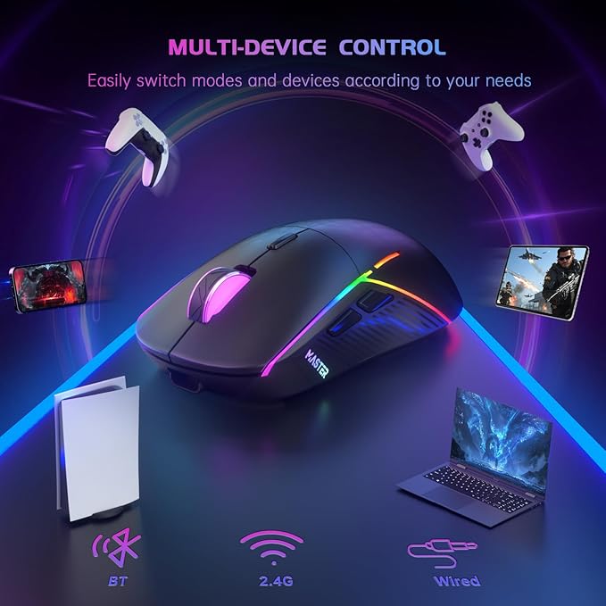 FFJ Wireless Gaming Mouse, 24000 DPI, Tri-Mode 2.4G/USB-C/Bluetooth 5.3 Gaming Mouse Wireless, RGB Programmable Mouse Gamer, 75Hrs Battery Life, Rechargeable Gaming Mice for PC, Mac, Xbox - Black