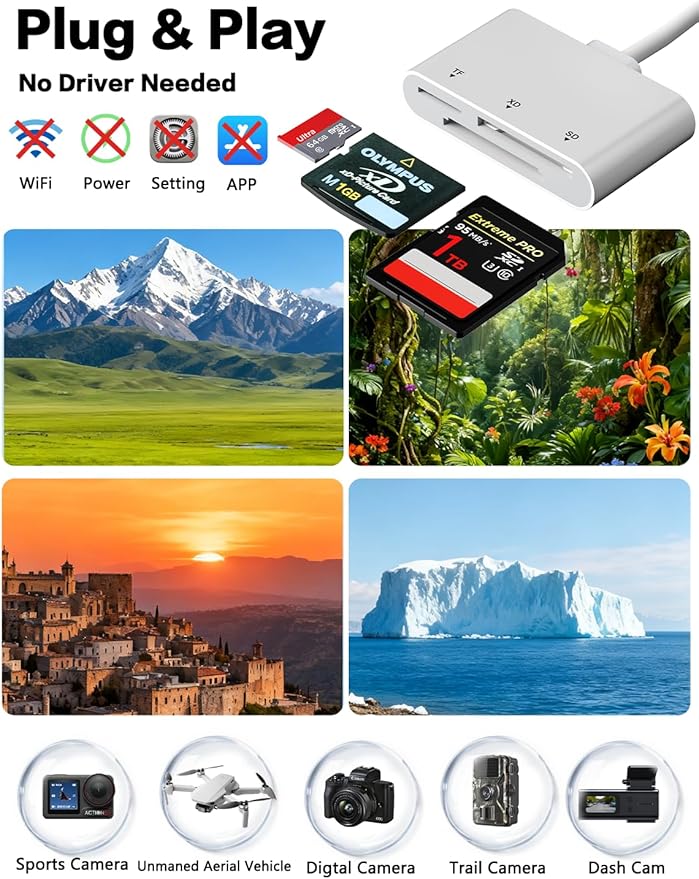 XD/TF/SD to iPhone Adapter Reader with USB-C, USB-A, Lightning - 3in1 SD MicroSD xD-Picture Card Reader, OTG Adapter SD Card Adapter for Smartphone/iPhone 17/16/15/14/13/iPad/PC/Android/Macbook/Camera