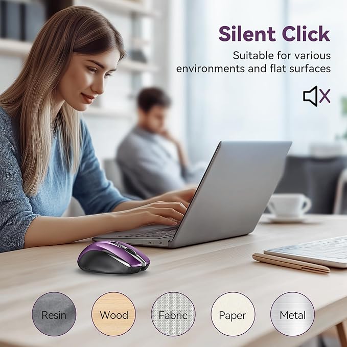 Bluetooth Mouse (BT5.0/3.0 & 2.4G) Rechargeable Wireless Mouse, 4800 DPI Optical Tracking, 6 Adjustable DPI, 2.4GHz with USB A Receiver, Quiet Clicks, Ergonomic Grips, 6 Buttons - Purple