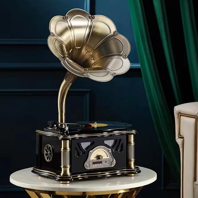 Vintage Gramophone with Bluetooth Output Vintage Record Players Retro Gramophone Turntables for 7" 9" 12" Vinyl Records 3 Speed, Hi-Fi, Handcrafted by Pure Oak (Black)