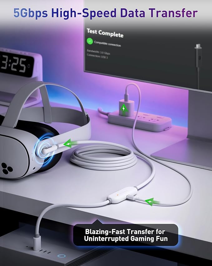 Maxonar VR Charging Link Cable 16FT (Next-Gen Chip) Compatible with Meta Quest 3S/Quest 3/Oculus Quest 2/Pico 4 Accessories and PC/SteamVR, Awesome Gift-5Gbps USB 3.0 to USB C Cable-White