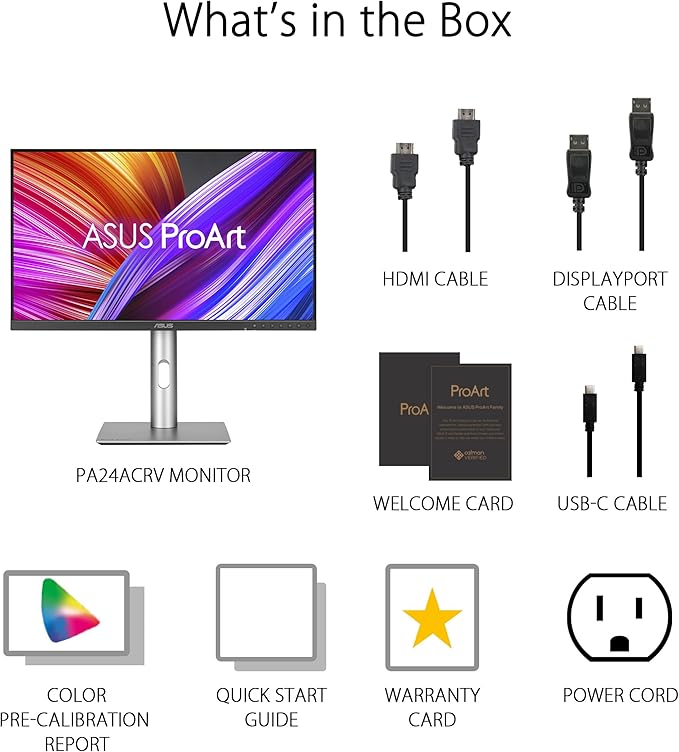 ASUS ProArt Display 24” (23.8 inch viewable) 1440P Professional Monitor (PA24ACRV) – IPS, QHD (2560 x 1440),Pre-Calibrated, 95% DCI-P3, ΔE < 2, Calman Verified, USB-C PD 96W, HDR400, 3 yr Warranty