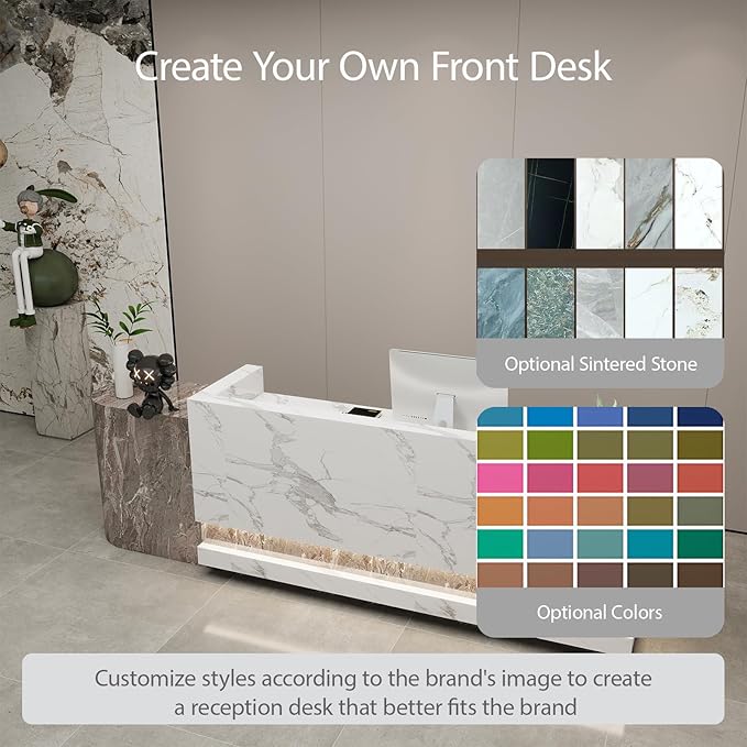 Front Desk Reception Counter - Lockable Storage & Keyboard Tray | Reception Desk with Counter, Customizable Large Counter Table (Grey+White, 100'')