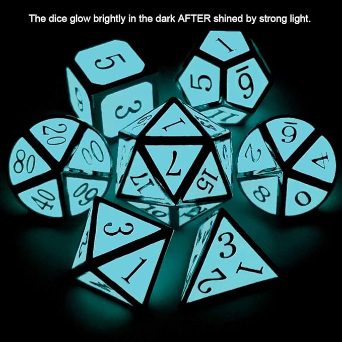 Haxtec Glow in The Dark Metal Dice Set D&D Glowing Blue Silver W/Dragon Dice Bag 7 Die D&D Dice Set Compatible with Dungeons and Dragons RPG