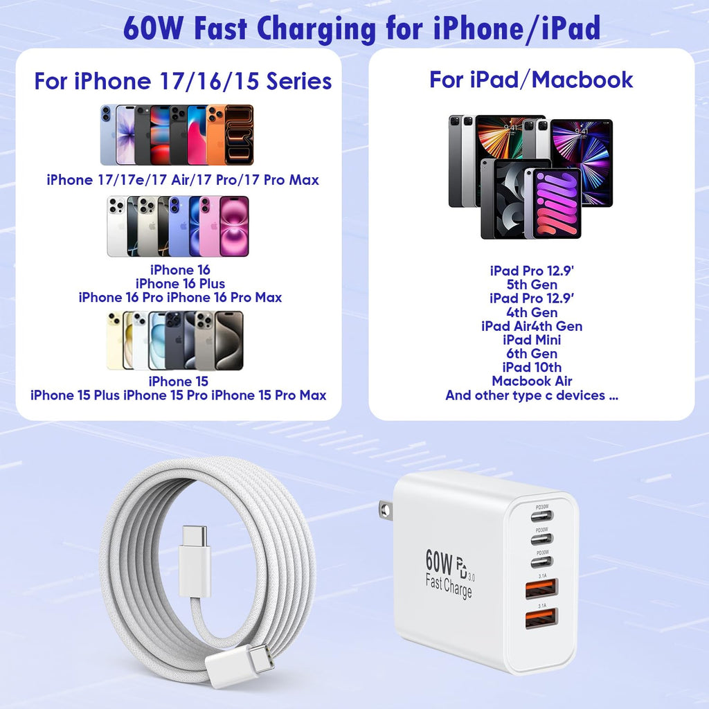 iPhone 17/16 Fast Charger Block,2 Pack 60W USB Charging Block 5-Port Charge Adapter for Apple iPhone Charger with 6FT USB C Woven Fast Charging Cable for iPhone17/16e/16Pro/15ProMax, iPad Pro/Air/Mini