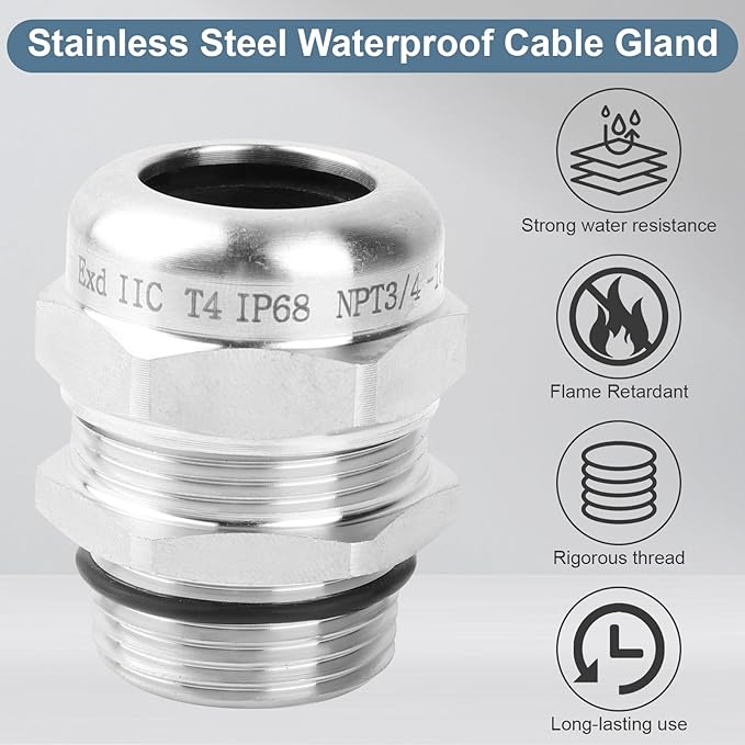 NPT 3/4" Stainless Steel Waterproof Cable Gland IP68 Waterproof Cable Gland Adjustable 13-18mm Cable Gland Protectors - 2 Pcs
