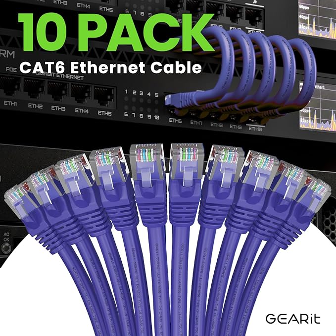 GearIT Cat 6 Ethernet Cable (10-Pack 5 Feet) Cat6 Network Patch, 10Gbps, RJ45, Snagless Cord, Gold-Plated Connectors, Internet for PC, TV, Tablet, Router, Printer, Servers, IT Data Center - Purple