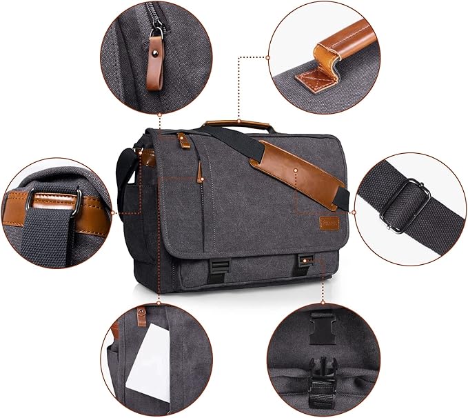 ESTARER Men Messenger Bag 17-17.3 Inch Laptop Bag Water-resistant Canvas Computer Shoulder Bag Briefcase for Work College Travel, Grey