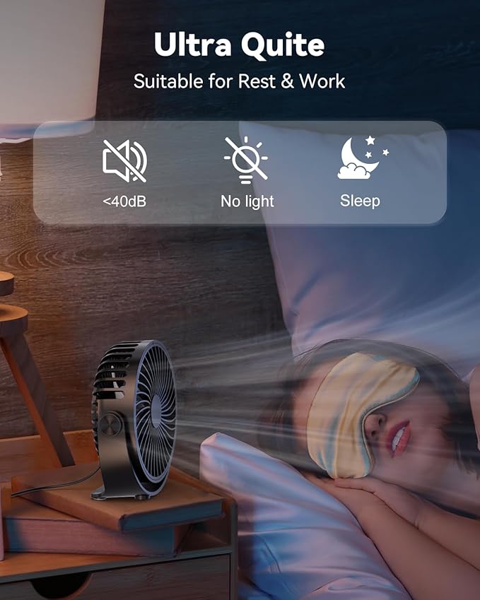 USB Desk Fan, 5 Inch Mini Portable, 3 Speeds Strong Airflow Personal Desktop, Detachable Cooling Fan 360° Rotation Quiet Small Fan for Desk Home Office Travel Car, Black, 5ft Cable