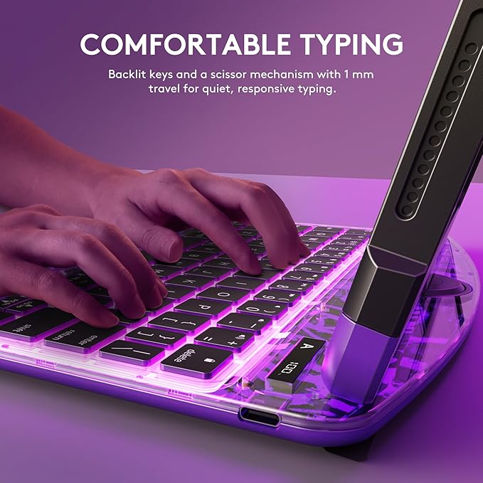 GUSGU Transparent Case with Wireless Keyboard for iPad 10.2-in (7th, 8th, and 9th Gen), 7 Colors Backlight, Trackpad, 360°Rotating Stand, Tech Style
