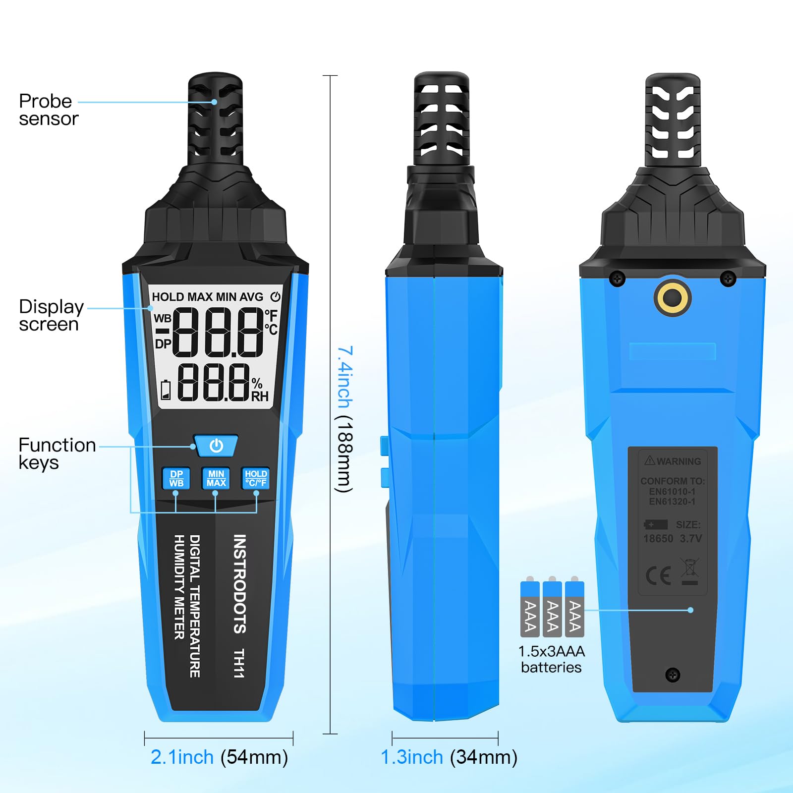 INSTRODOTS Temperature Humidity Meter, High Precision Digital Hygrometer with Ambient, Dew Point, Wet Bulb Temperature for Indoor Outdoor, Thermometer with Min/Max, Data Hold, LCD Backlight, TH11