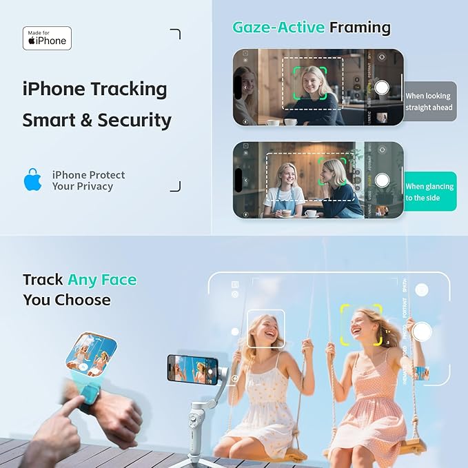 MOGO Only for iPhone, Gimbal Stabilizer for iPhone, [Apple MFi Certified] Cell Phone Gimbal Stabilizer with 360 Degree Tracking for Video Recording, NFC Pair and Magnetic for iPhone 16 Pro Max