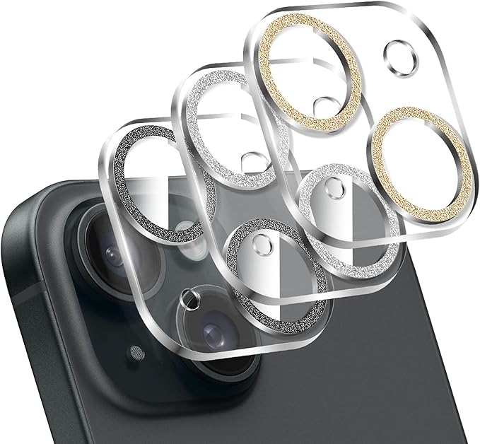 LucBuy 3PCS Sparkling Camera Lens Protector for iPhone 16/iPhone 16 Plus, Full Clear Acrylic Cover with Shiny Colorful Glitter Designed Decoration Back Camera Protector