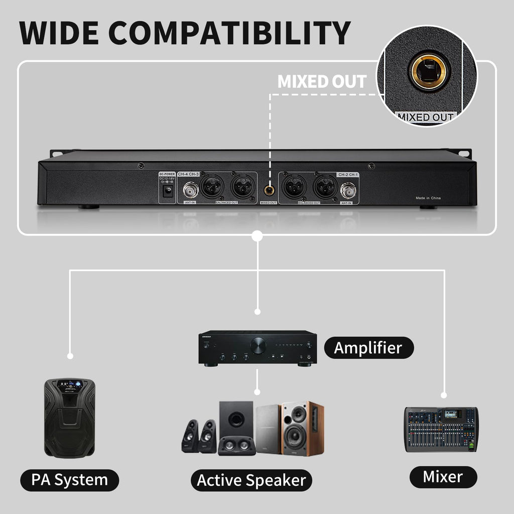 Boeska Wireless Microphone System, 4-Channel UHF Wireless Mic, Fixed Frequency Metal Cordless Mic with 4 Handheld Dynamic Microphones, 200ft Range, Mics for Singing, Church (4 Handheld)
