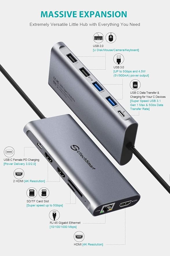 UtechSmart USB C Hub, 3 HDMI Docking Station Triple Display 12 in 1 USB C Laptop Adapter with 4K HDMI PD3.0 SD TF Card Reader Gigabit Ethernet for MacBook Pro/Air/M1/M2 & Windows