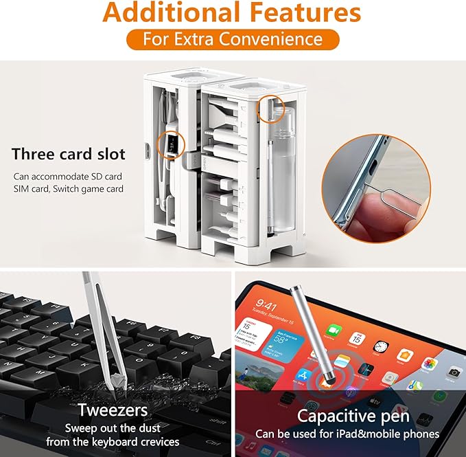 Cell Phone Cleaning Kit, iPhone Cleaning Kit for Charging Port Cleaner Keyboard Cleaning Kit for Airpods/Android/USB C/Earbuds/Laptop/iPad/Camera Lens with Stylus Pen, SIM Tool, Screen Brush (White)