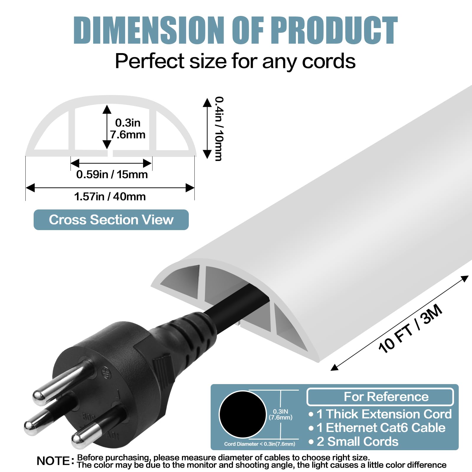Floor Cord Cover Self Adhesive Cord Hider,10FT Cable Management, Extension Strip Protector for Wires, Prevent Cable Trips for Offices, Gyms, Exhibitions Cavity:0.51"(W) x 0.3"(H) White