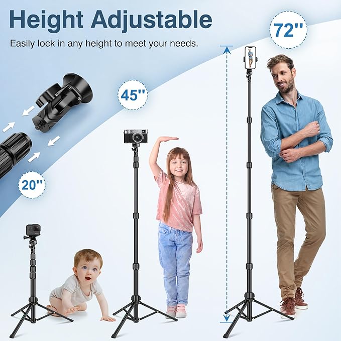 72" Tripod for iPhone, Phone Tripod with Remote, Black Aluminum, Compatible with Smartphone/Camera/Gopro, Cellphone Tripod Stand for Video Recording Selfies Vlogging