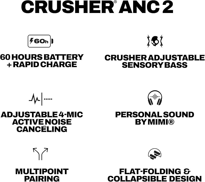 Skullcandy Crusher ANC 2 Wireless Over-Ear Bluetooth Headphones with Multi-Sensory Bass, Active Noise Cancelling, Up to 60 Hours Battery, Microphone for iPhone Android - Primer