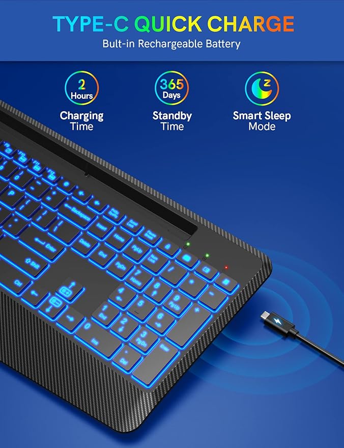Wireless Keyboard with 7 Colored Backlits, Wrist Rest, Phone Holder, Rechargeable Ergonomic Computer Keyboard with Silent Keys, Full Size Lighted Keyboard for Windows, MacBook, PC, Laptop (Black)