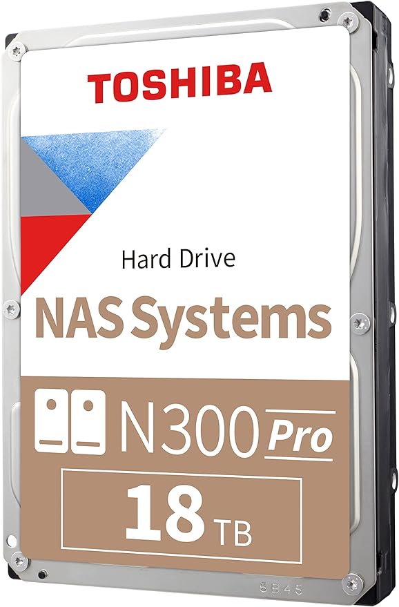 Toshiba N300 PRO 18TB Large-Sized Business NAS (up to 24 bays) 3.5-Inch Internal Hard Drive - Up to 300 TB/year Workload Rate CMR SATA 6 GB/s 7200 RPM 512 MB Cache - HDWG51JXZSTB