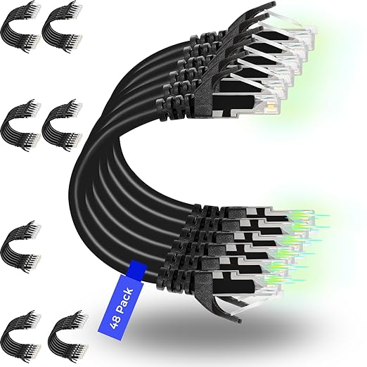 Rapink Patch Cables Cat6 1ft (48 Pack), Ethernet Patch Cable 10G, Cat 6 Patch Cable for Patch Panel to Switch, Flexiable Cat 6 Ethernet Cable with Gold Plated Black