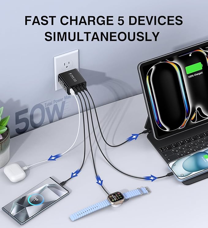 [2-Pack] USB C Wall Charger, 50W Type C Charger Block 5-Port Fast Charging Blocks,3USB C+2USB A Multiport Plug,PD Power Adapter Brick Cube for iPhone 16/15/14/13/12/Pro,iPad,Samsung,for Switch（Black）