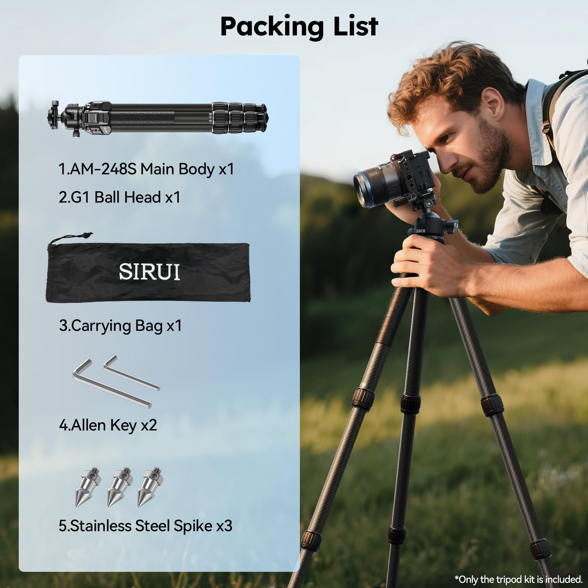 SIRUI 50.4"/128cm Carbon Fiber Travel Tripod Kit, Max Load 44lb/20kg