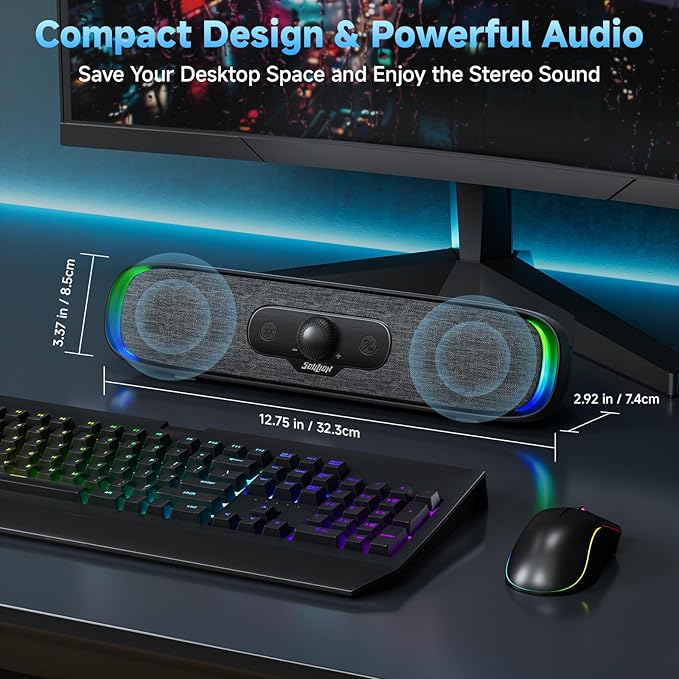SOULION R200 Bluetooth Computer Speakers, Compact PC Speakers, USB C/USB Plug & Play Desktop Speaker with Colorful LED Lights, Clear Sound PC Soundbar for Computer Desktop Laptop Monitor