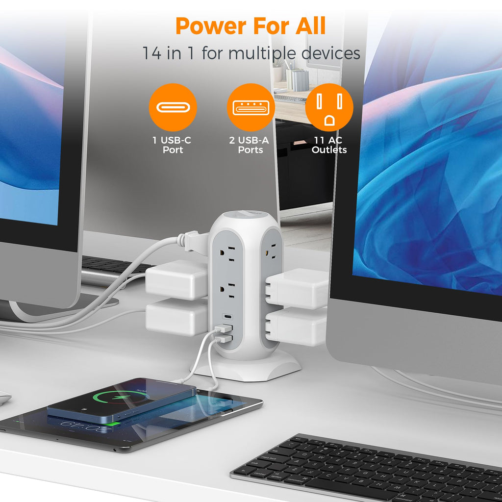 TESSAN Tower Power Strip Flat Plug with 1050J Surge Protection, 6 Ft, Grey