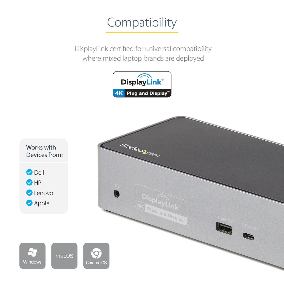 StarTech USB-C Quad 4K Dock, MacBook Pro/Air M1-M4 & Windows, 100W, DP HDMI
