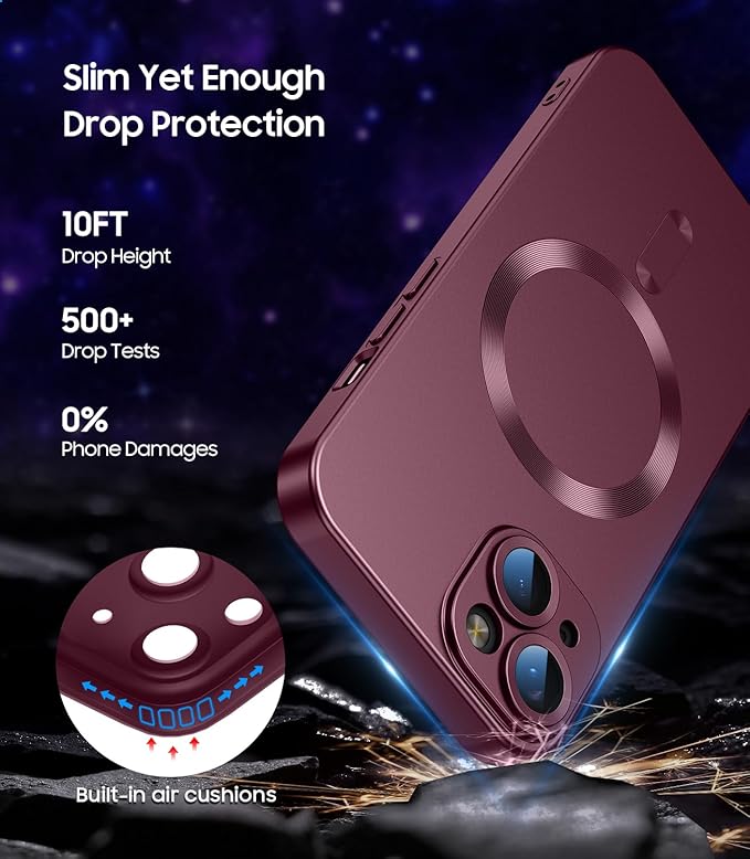 Magnetic for iPhone 14 Case [Compatible with MagSafe][Built-in Camera Lens Protector] Slim Soft Silicone Bumper Shockproof Metallic Luster Phone Case (Burgundy)