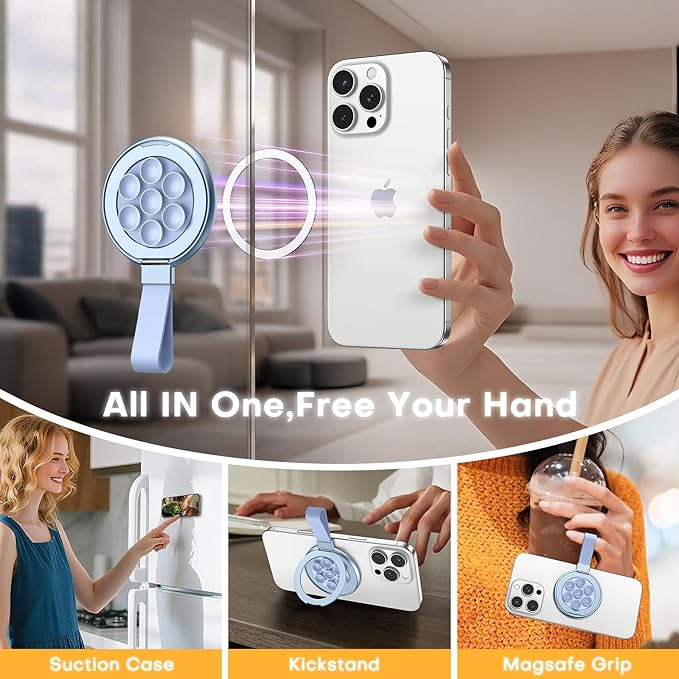 TAURI for Magsafe Suction Phone Grip - Universal Magnetic Suction Grip, 360° Rotating Hands-Free Holder, Silicone Suction Grip for iPhone 16 Pro Max/15/Android/S25,Blue